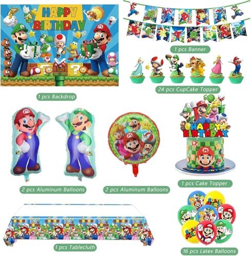 Birthday Party Decorations,48PCS Mario Cartoon Theme Supplies - 1 Backdrop, 1 Banner, 4 Aluminum Balloons, 1 Tablecloth, 25 Cake Toppers, 16 Latex Balloons. - Image 3