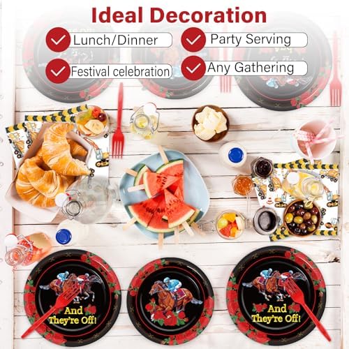 Qyeahkj 100PCS Derby Day Plates and Napkins Party Supplies Horse Racing Tableware Set Kentucky Party Decorations Favor Racing Horse Roses Dinner Plates for Derby Day Celebrations Serves 25 - Image 6