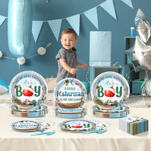 96Pcs A Little Fisherman Is On The Way Plates and Napkins Baby Shower Party Decorations Gone Fishing Dessert Disposable Plates It's A Boy Tableware Set for 24 Guests Baby Boy Birthday Party Supplies - Image 5