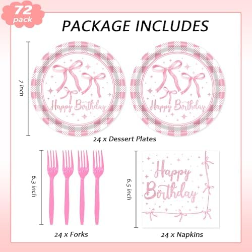 72Pcs Pink Bow Plates and Napkins, Coquette Birthday Party Supplies Pink Bow Paper Plates and Napkins Forks Tableware Decorations for 24 Guests - Image 2