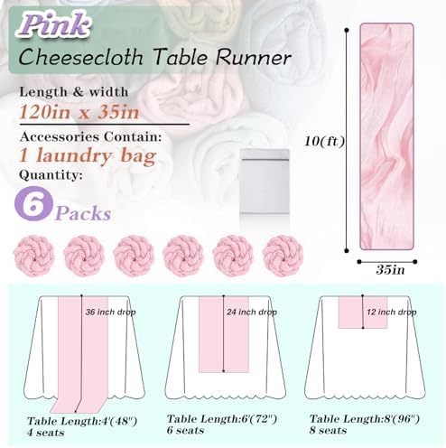 Pink Cheesecloth Table Runner 6 Pack 35" Boho Gauze Runner 120 inches Long Rustic Sheer Fabric Bulk for Boho Baby Shower Wedding Bridal Birthday Party Table Decorations - Image 2
