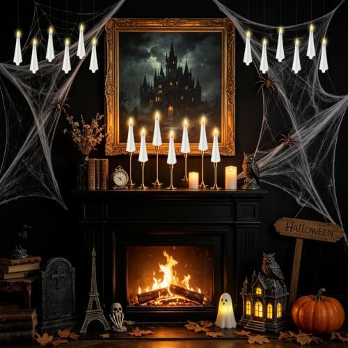 kakoya Ghost Flameless Floating Candles with Wand Remote, 20 Pcs Magic Flickering Battery Operated LED Hanging Taper Candles for Halloween Party Decoration(White) - Image 6