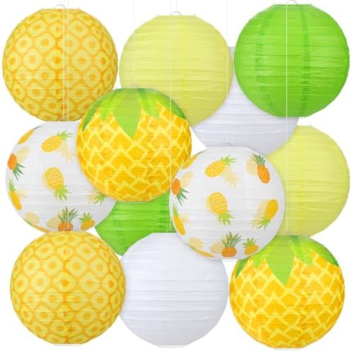 Panelee 12 Pcs Pineapple Party Decorations Hawaiian Party Hanging Supplies 8 Inches Round Paper Lanterns for Tropical Luau Birthday Holiday Bachelorette Decor Supplies by Panelee