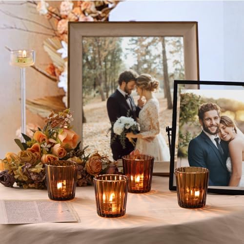 NITIME 24Pcs Vintage Ribbed Amber Votive Candle Holders, Fall Centerpieces for Tables, Tealight Candle Holder for Thanksgiving, Wedding Decor, Boho Home Decor and Christmas Decor - Image 4