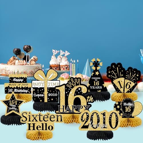 9Pcs Black Gold 16th Birthday Decorations Honeycomb Centerpieces for Boys Girls,Happy 16th Birthday Centerpieces Tables Toppers Party Decorations Supplies 16th Table Sign Decor - Image 5