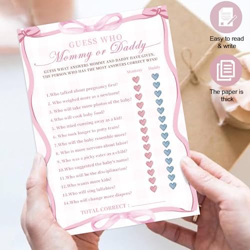 Pink Bow Baby Shower Games for Girl, 4 Games for 25 Guests, Guess Who Mommy or Daddy, Word Scramble for Baby Shower Decorations - Image 6