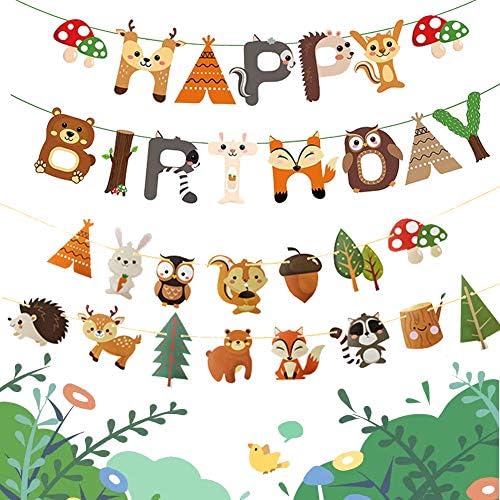 Woodland Party Decorations Woodland Happy Birthday Banner with Forest Animal Bunting Garland for Kids Boys Girls Woodland Birthday Party Supplies by Coolbee