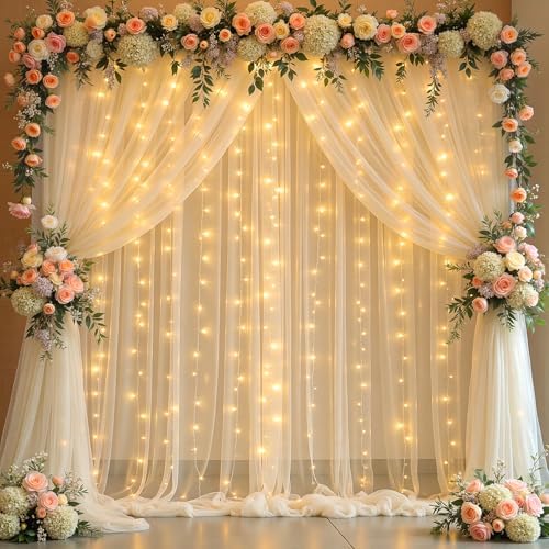 10x10FT Cream Wrinkle Free Backdrop Curtains with Lights String for Parties - Photo Curtain Backdrop with Lights for Wedding Decorations, Bridal Baby Shower Birthday Party Photography Background - Image 3