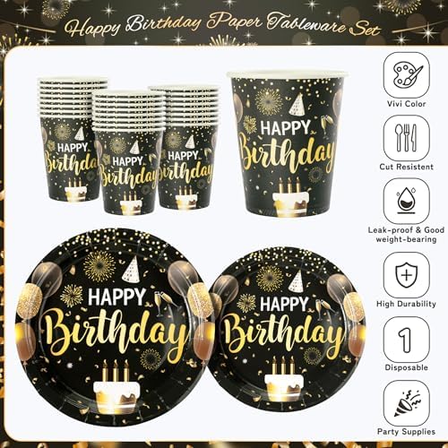 Black and Gold Happy Birthday Party Plates, 168PCS Birthday Party Supplies - Image 3