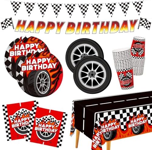 Birthday Decorations Kit: Car Theme Party Supplies for 25 - Includes Dinner & Dessert Plates, Napkins, Cups, Banner and Tablecloth for Boys' Racing Car Birthday Party Decorations by Gatherfun
