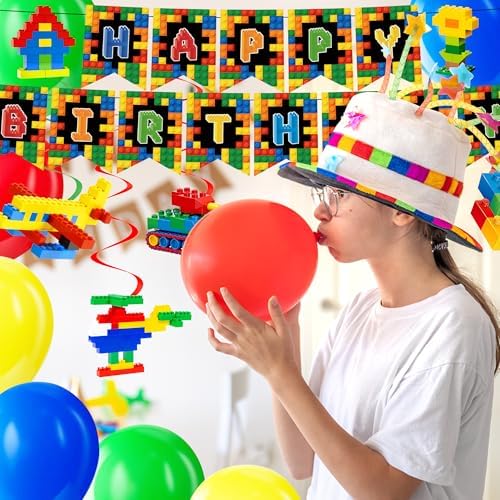 206PCS Building Block Birthday Party Supplies, Plates, Napkins, Cups, Cutlery, Cake & Cupcake Toppers, Banner, Hanging Swirls, Tablecloth, Balloons for Boys Birthday Party Decorations Serve 24 Guests - Image 6