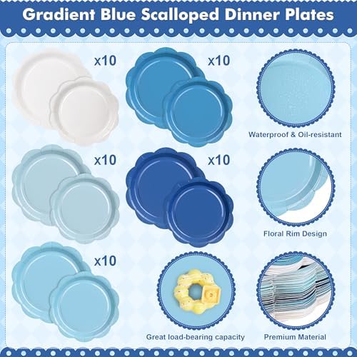 350 Pcs Blue Party Supplies Set - Blue Paper Plates and Napkins Set Include Gradient Blue Scalloped Paper Plate Napkin Cup Spoon Fork Knife for Birthday, Baby Shower, Wedding Forest Events - Image 4