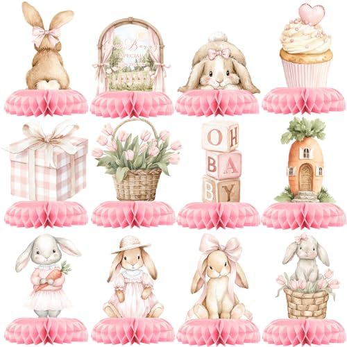 12 Pcs Pink Bunny Baby Shower Decorations for Girl - Some Bunny Is On The Way Baby Shower Centerpieces for Tables - Bunny Baby Shower Honeycomb Table Decor for Girl by Unknown