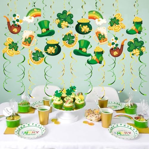 St. Patrick's Day Party Streamers, 48 PCS Irish Theme Hanging Swirl Decorations - Shamrock, Leprechaun Hat & Pot of Gold for Holiday, Birthday & Party Decor - Image 7