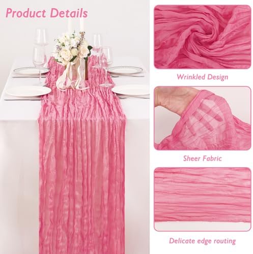 1 Pack Rose Pink Cheesecloth Table Runner 120 Inch Boho Wedding Decor - Image 3