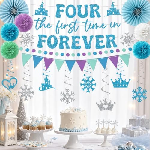 Four the First Time in Forever Birthday Decoration, 20PCS Frozen 4th Banners with Hanging Swirls Party Decorations, Princess 4 Years Old Paper Fans Poms and Pennant Banners Decor Supplies - Image 4