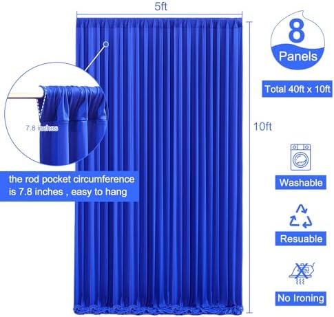 8 Panels Royal Blue Backdrop Curtain for Wedding Parties Wrinkle Free Blue Photo Curtains Backdrop Drapes Fabric Decoration for Birthday Party Baby Shower 40ft(W) x 10ft(H) - Image 5