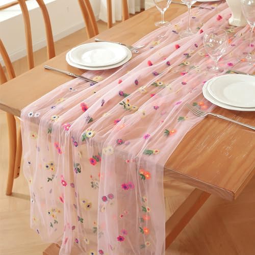 Pink Embroidery Daisy Fall Table Runner 10ft Florals Seasonal Tulle Table Runner Holiday Kitchen Dining Table Decoration for Home Party Indoor by Unknown