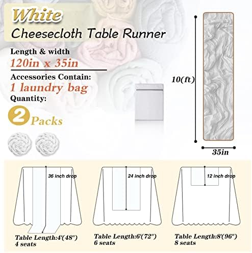 White Cheesecloth Table Runner 2 Pack 35" Boho Gauze 120 inches Long Runner Rustic Sheer Cheese Cloth Fabric Bulk for Baby Shower Wedding Bridal Birthday Party Decorations - Image 2