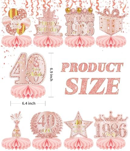 9 Pcs 40th Birthday Decoration for Women 1986 Pink Table Honeycomb Decor - Image 2