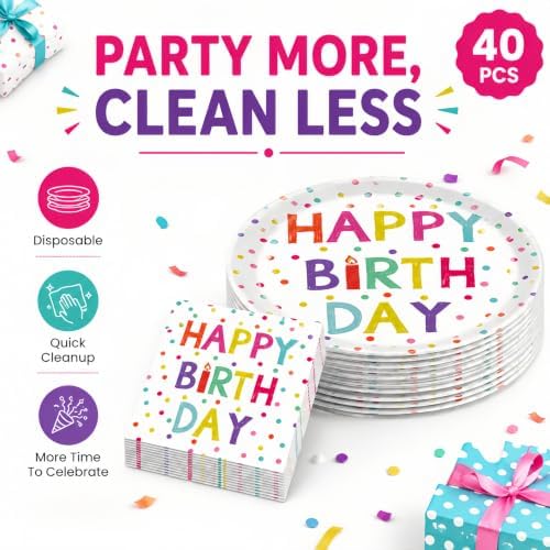 40 Pcs Birthday Plates and Napkins Set, Large 9 Inch Party Plates - Image 5