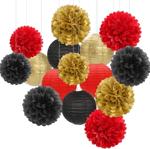 Red-Black Gold Party-Decorations Paper Flowers Lanterns - 15PCS Casino Theme Halloween Tissue Pom Poms Streamers,Game Night Women Men Birthday Wedding Bachelorette Hanging Supplies Decor Hugfond by Hugfond