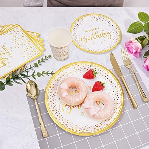175PCS Happy Birthday Plates and Napkins Party Supplies, Gold Dot Paper Plates and Napkins with Gold Plastic Forks Knives Spoons Serve 25 Guests for Birthday Party Decorations - Image 3