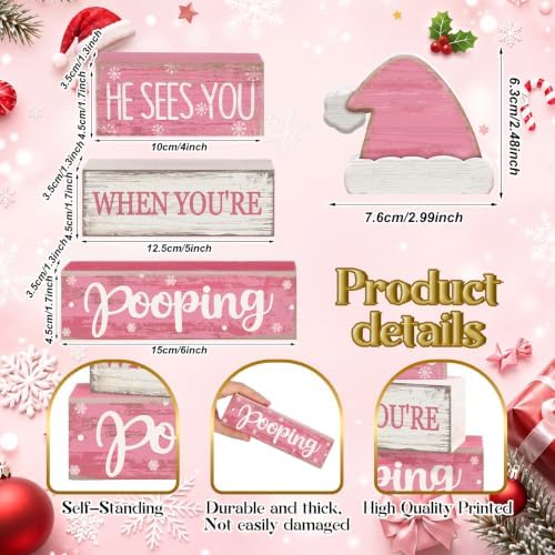 Moucuny 4 Pcs Funny Christmas Bathroom Decor Pink Santa Hat Wooden Signs - Image 3