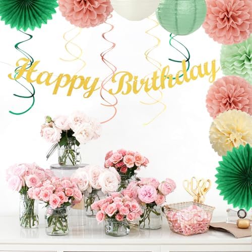 Olive Sage-Green Beige Happy-Birthday Party-Decorations - 31pcs Women Girls Adults Paper Lanterns Streamers Banner,Tissue Pom Poms Decor,Flower Fans Tassels Graland Boho Neutral Supplies Hugmoon - Image 5