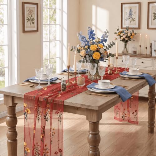 Artoid Mode Wildflower Red Gauze Embroidery Table Runner 120 Inch 10FT - Image 6
