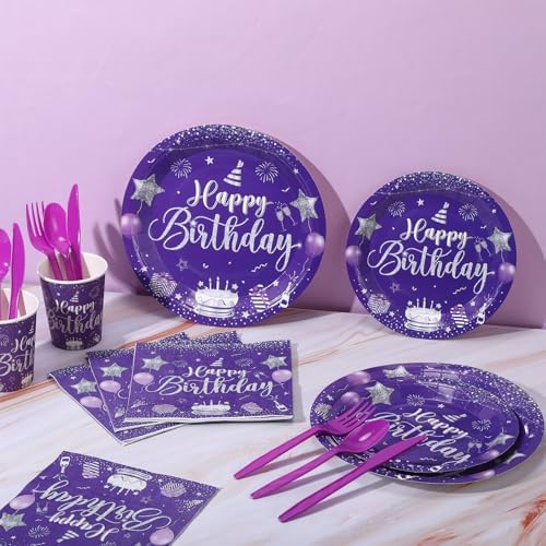 Vesici 171 Pcs Happy Birthday Party Supplies 24 Set Table, Purple, Silver - Image 2