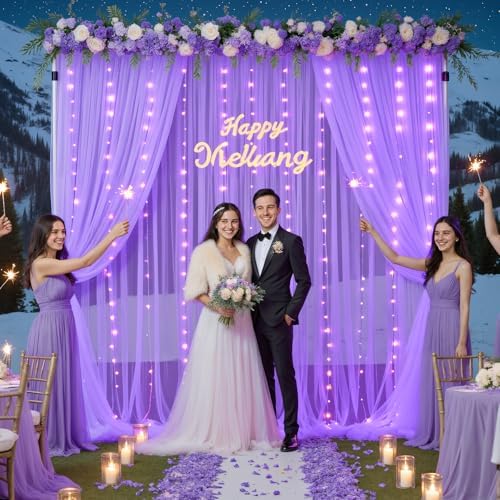 Purple Sheer Backdrop Curtains with Lights String for Baby Shower Girls 2 Panels 5×8ft Tulle Backdrop Curtain for Wedding Bridal Shower Elephant Birthday Party Photo Shoot Background Decorations - Image 4