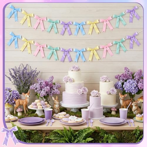 NatNarr 2 Pcs Pastel Bow Garland Banner, Pre-Strung Satin Ribbon Bow Banner - Image 4