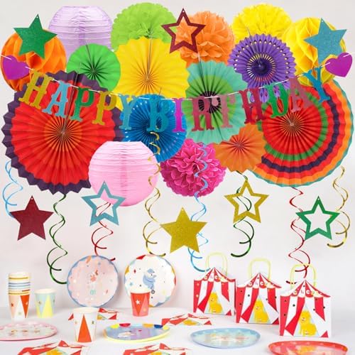 Multicolored Birthday Party-Decorations - 32pcs Colorful Fiesta Mexican Party Decorations for Men Women Boys Girls, Happy Birthday Banner Paper Streamers Lanterns Tissue Pom Poms - ZERODECO - Image 5