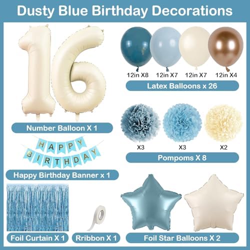 Dusty Blue 16th Birthday Party Decorations Boys Beige Number 16 Balloon - Image 4