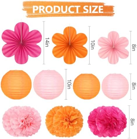 19 Pcs Pink Orange Party Decorations, Hanging Paper Lanterns, Paper Flowers Fans, Tissue Pom Poms, Floral Backdrop Wall Decor for Groovy Birthday Sunset Fall Bridal Shower Wedding Classroom - Image 2