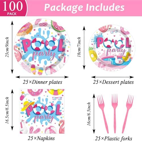 Qyeahkj 100 Pcs Summer Pool Party Plates and Napkins Set Pink Swimming Pool Party Decorations Supplies Beach Disposable Paper Tableware Dinnerware Favors Birthday Shower Serves 25 - Image 2