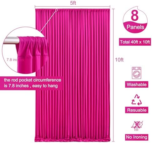 8 Panels Fuchsia Backdrop Curtain for Parties Birthday Party Wrinkle Free Hot Pink Photo Curtains Backdrop Drapes Fabric Decoration for Wedding 40ft(W) x 10ft(H) - Image 5