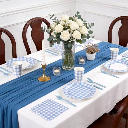 168Pcs Blue Gingham Scalloped Paper Plates and Napkins Set for 24 Guests - Image 3