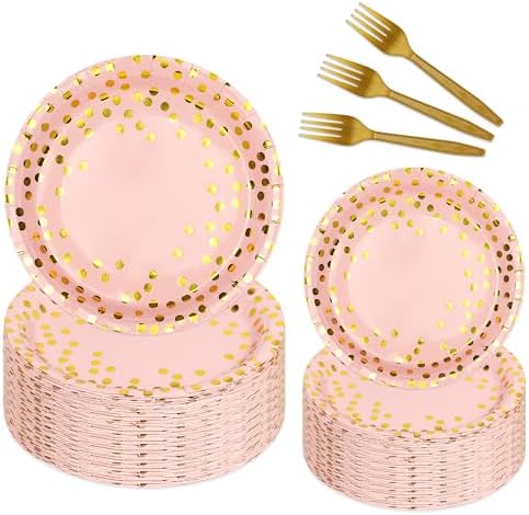 150 Pcs Pink and Gold Paper Plates Party Supplies,Serves 50 Guests 7" 9" Pink Gold Plates and Gold Plastic Forks,Disposable Paper Tableware Set for Birthday Wedding Bridal Shower Decorations by Upigi