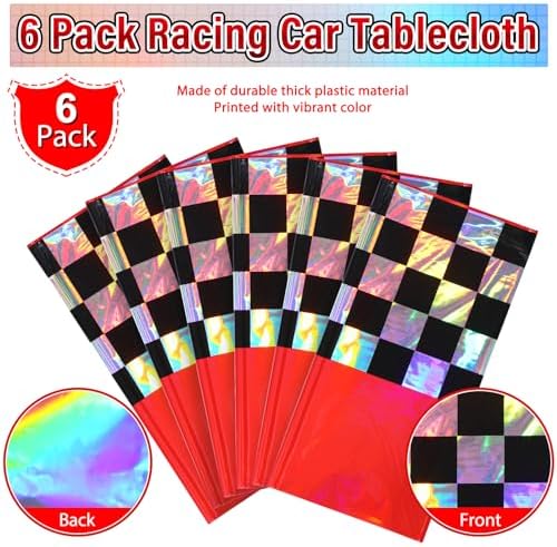 6Pack Iridescent Race Car Plastic Tablecloth, Disposable Shiny Laser Red and Black Checkered Table Cloth, Holographic Foil Rectangle Tablecloth for Race Car Boys Birthday Party Decorations, 54x108Inch - Image 4