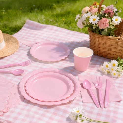 176 PCS Pink Party Decorations - Light Pink Scalloped Plates, Napkins, Cups, Cutlery, Tablecloth for Baby Shower, Wedding, Birthday Party Decorations, Serves 25 - Image 6