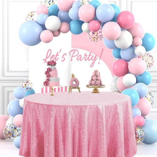 Pufogu 120" Round Pink Sequin Tablecloth Glitter White Table Cloths for Birthday Wedding Bridal Baby Shower Party Decorations - Image 7