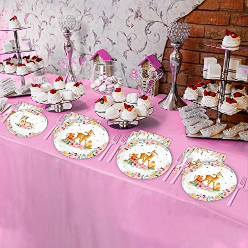 Tevxj 96PCS Woodland Baby Shower Tableware Set Girls Pink Safari Dinnerware Disposable Plates Woodland Party Plates Napkins Forks for Forest Animal Deer Flower Party Decorations Supplies 24 guests - Image 6