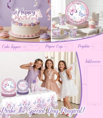 256pcs Butterfly Birthday Decorations Complete Party Set, Butterfly Theme Birthday Decorations, Serves 20pcs Plates, includes Banner Backdrop Balloon Arch Tableware Tablecloth - Image 5