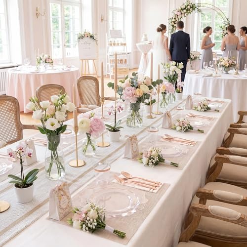 WDF 350Pcs Rose Gold Plastic Plates - Clear Rose Gold Disposable Plates 50Guest Plastic Dinnerware for Birthday/Wedding/Holidays/Thanksgiving/Christmas - Image 3