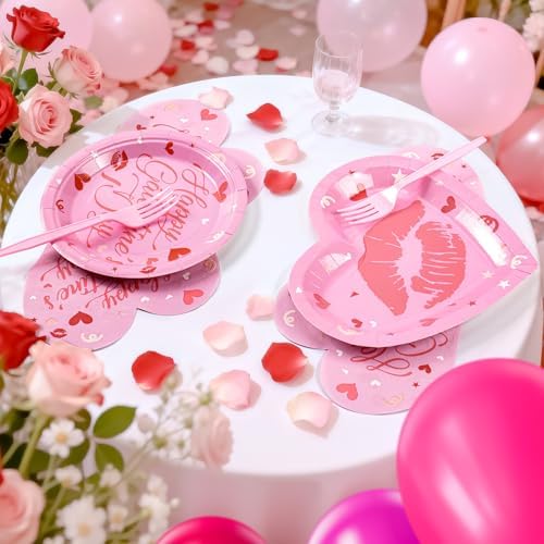 109PCS Happy Galentine's Day Party Supplies,Pink Love Heart Disposable Paper Plates Napkins Cups Forks Dinnerware for 24 Guest,Banner Balloons for Valentines Anniversary Wedding Engagement - Image 6