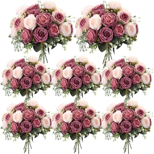 Geosar 8 Bundles Artificial Peonies Flowers,Dusty Pink, Dusty Rose by Geosar