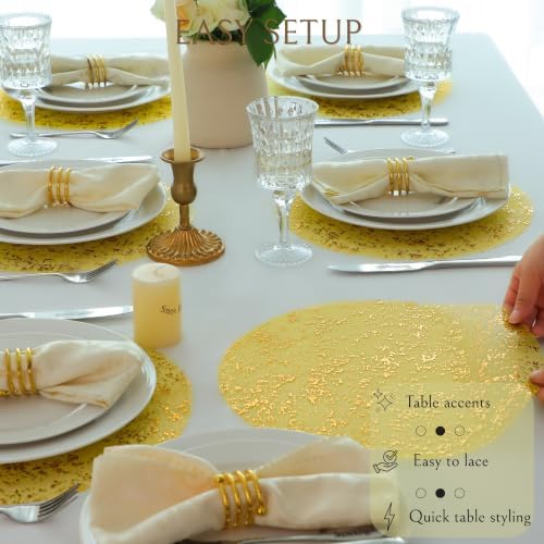 Snowkingdom 50 Pcs Sparkling Yellow Gold Placemats Round Disposable 13" - Image 6