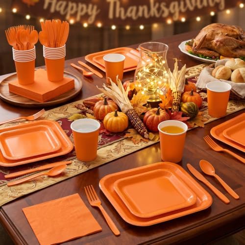 Vyntra 350 Pcs Orange Square Paper Plates and Napkins Set, Serves 50 - Image 5